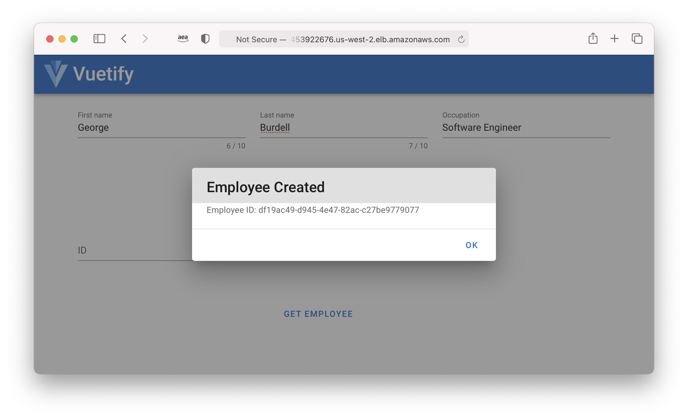 Screenshot of employee creation success