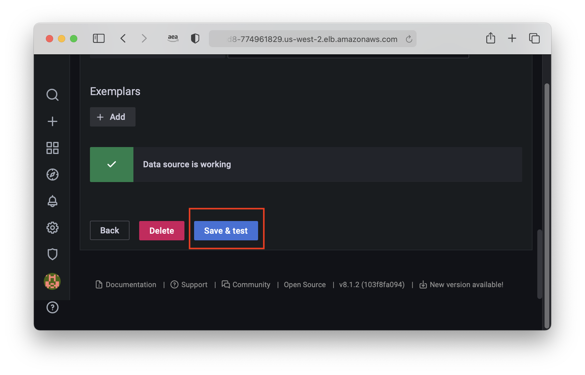 Grafana console - prometheus config - save & test