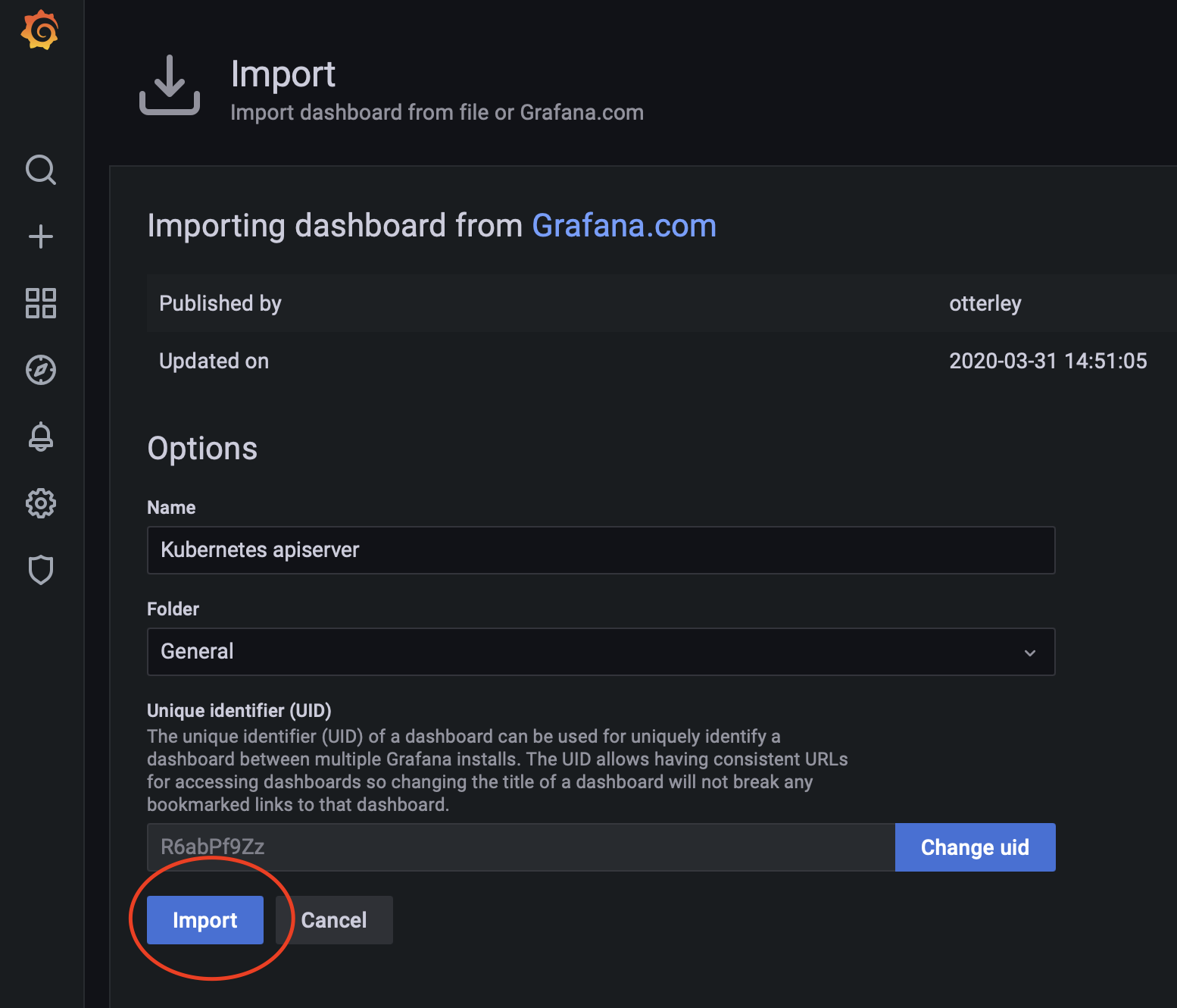 Grafana import dashboard